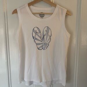 Life Is Good Women’s Sz S Tank Top White Blue Flip Flips Graphic Sleeveless EUC